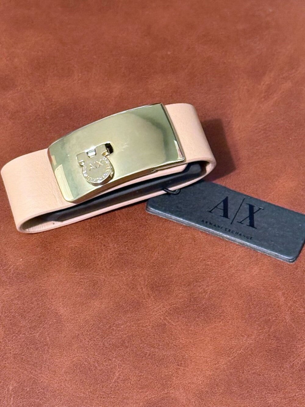ARMANI EXCHANGE A|X Beige Tan Leather Gold Buckle Cuff Bracelet NWT Box